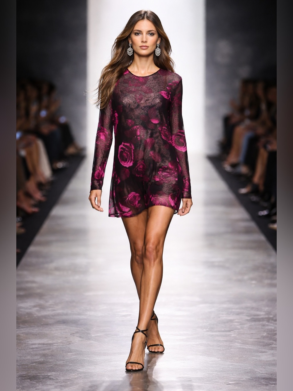 Good American Black Mini Dress with Magenta Floral Print